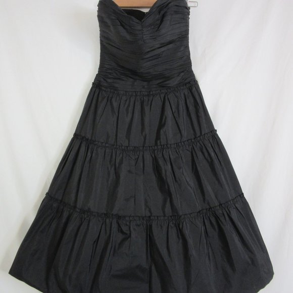 BCBG MaxAzria Black Silk Strapless Tiered Ruffle Formal Semi Midi Dress Size 4 - Picture 3 of 11